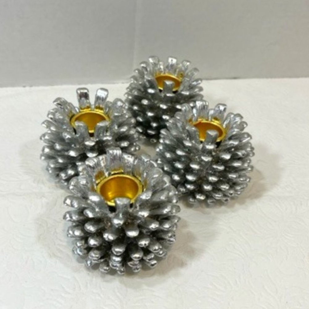 4 Silvertone Metallic Pine Cone Candle Holders Holiday Christmas Decoration